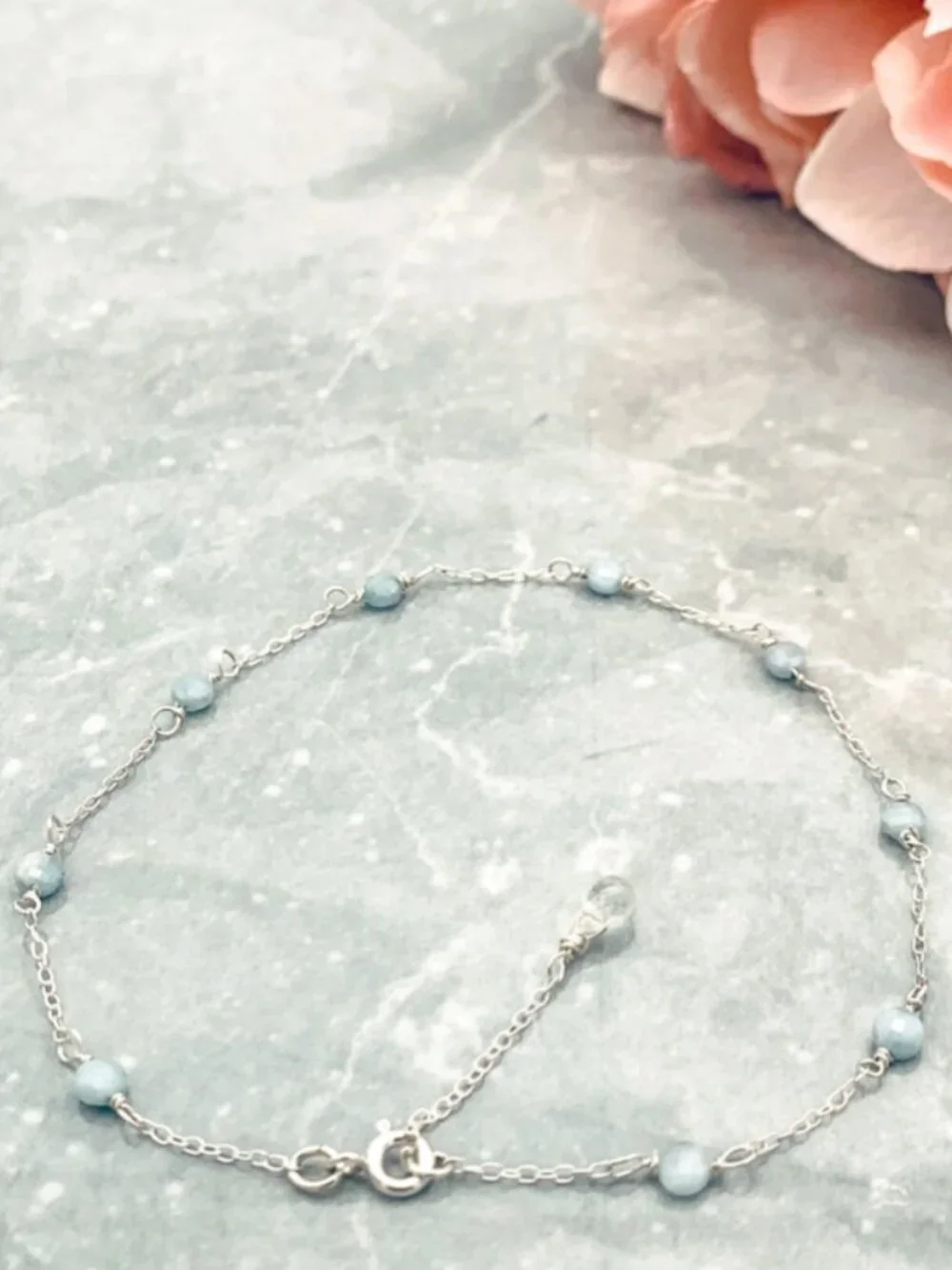 Aquamarine Coin Anklet/Bracelet in Sterling Silver, March Birthstone - Picture 4 of 7
